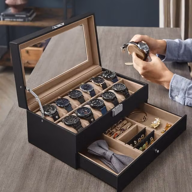 SONGMICS 12-Slot Watch Box with Glass Lid and Drawer, Black