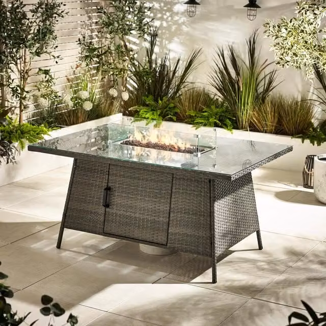 FurnitureboxUK Marbella Grey Rattan 6 Seat Garden Dining Table with Firepit