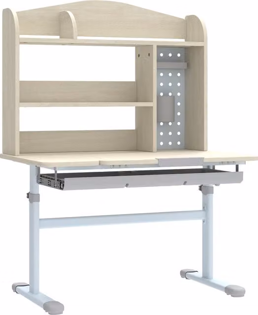 AIYAPLAY Height Adjustable Kids Desk with Tilting Top, Hutch, Drawer and Pegboard, Natural and White