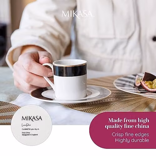 Mikasa Luxe Deco Geometric Bone China Espresso Cup and Saucer Set, White and Gold, 100ml, Set of 2 – 5