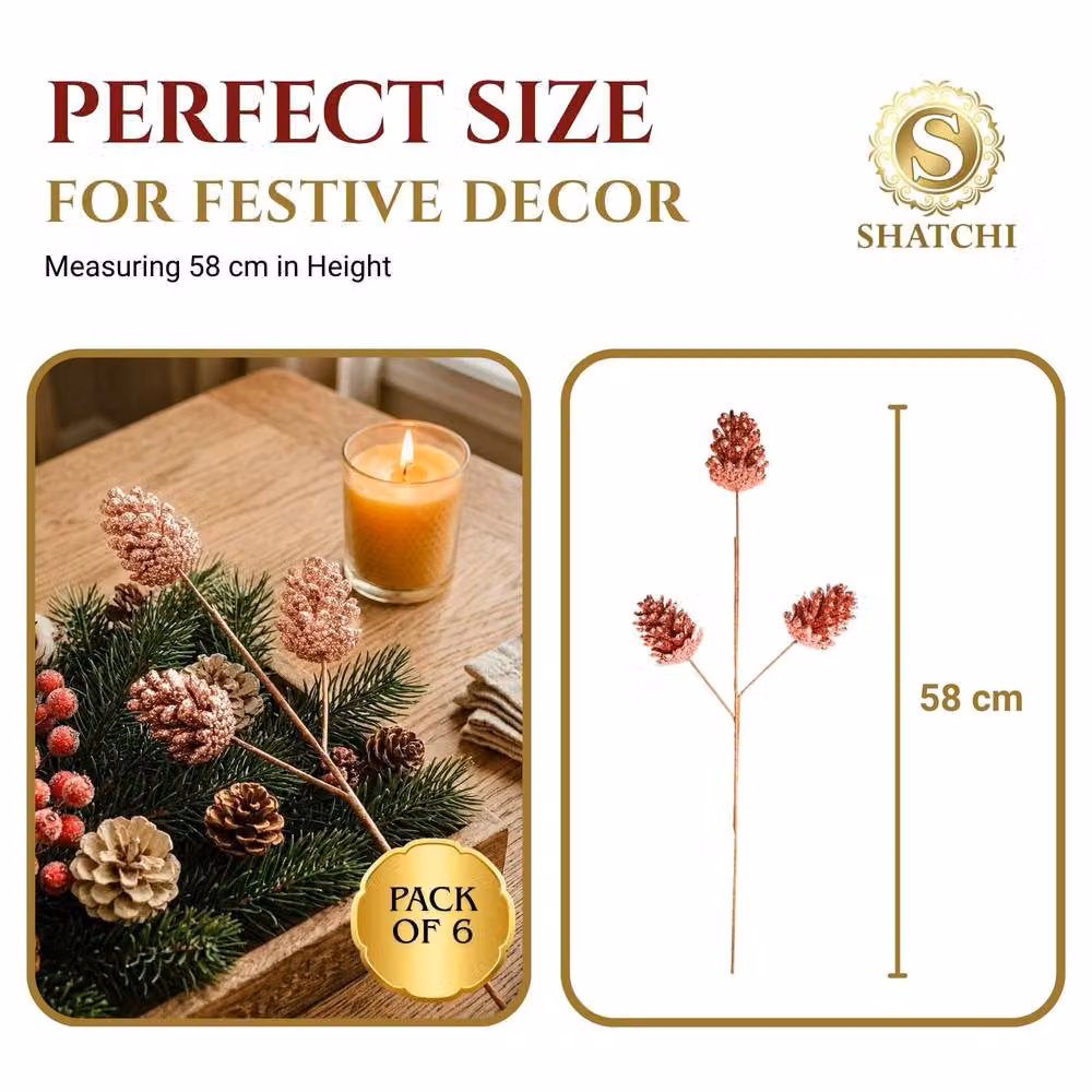 Shatchi Glitter Rose Gold Pine Cone Christmas Picks, 6 Pack, Height: 58 cm – 3