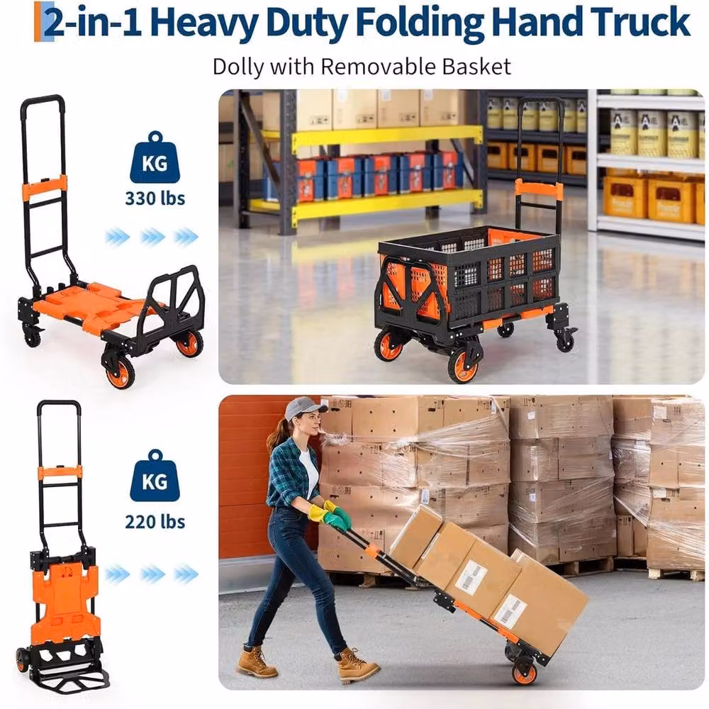 VOGREX 2-in-1 Heavy Duty Folding Hand Truck with Basket, Orange – 4