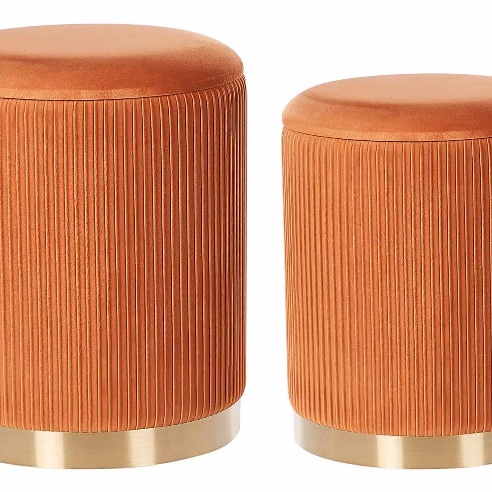 Wyld and Coco Set of 2 Orange Velvet Cylindrical Storage Pouffes with Gold Metal Base – 2