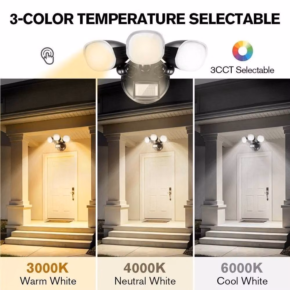 NESTLUNE 3-Head LED PIR Motion Sensor Outdoor Floodlight in Black – 4
