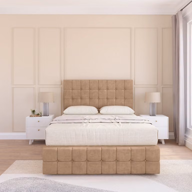 Sloomy Berlin Small Single Divan Bed Base in Light Beige Upholstered Fabric with Chesterfield Style Headboard and Footboard