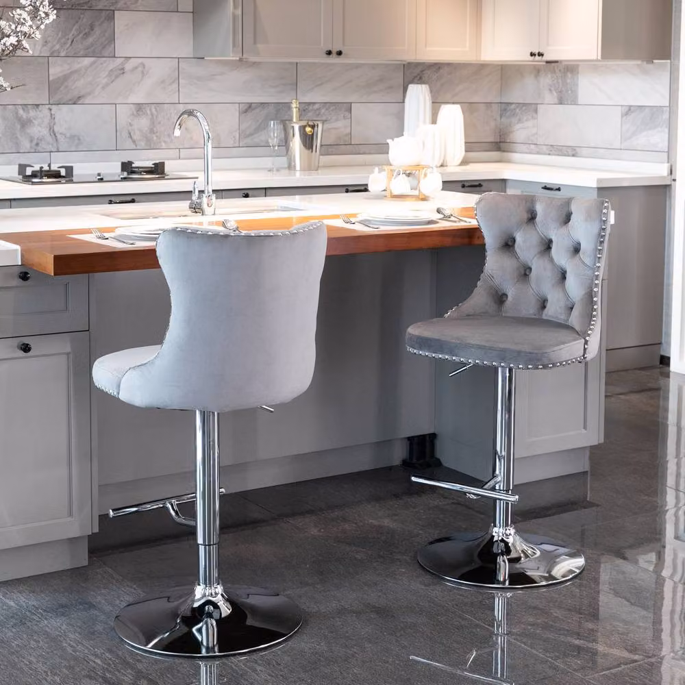 Modern Home Touch Set of 6 Luxury Velvet Adjustable Swivel Bar Stools with Metal Base in Grey – 2