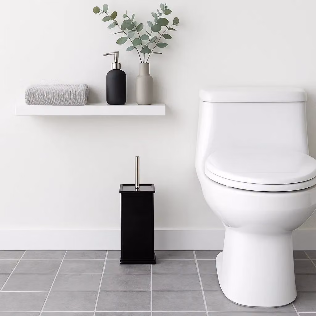 Harbour Housewares Black Square Toilet Brush and Holder Set of 2, Stainless Steel and Plastic Freestanding Bathroom Accessories with Enclosed Design – 8
