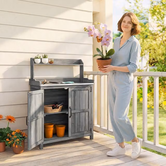 Outsunny Grey Wooden Potting Bench Table with Aluminium Worktop