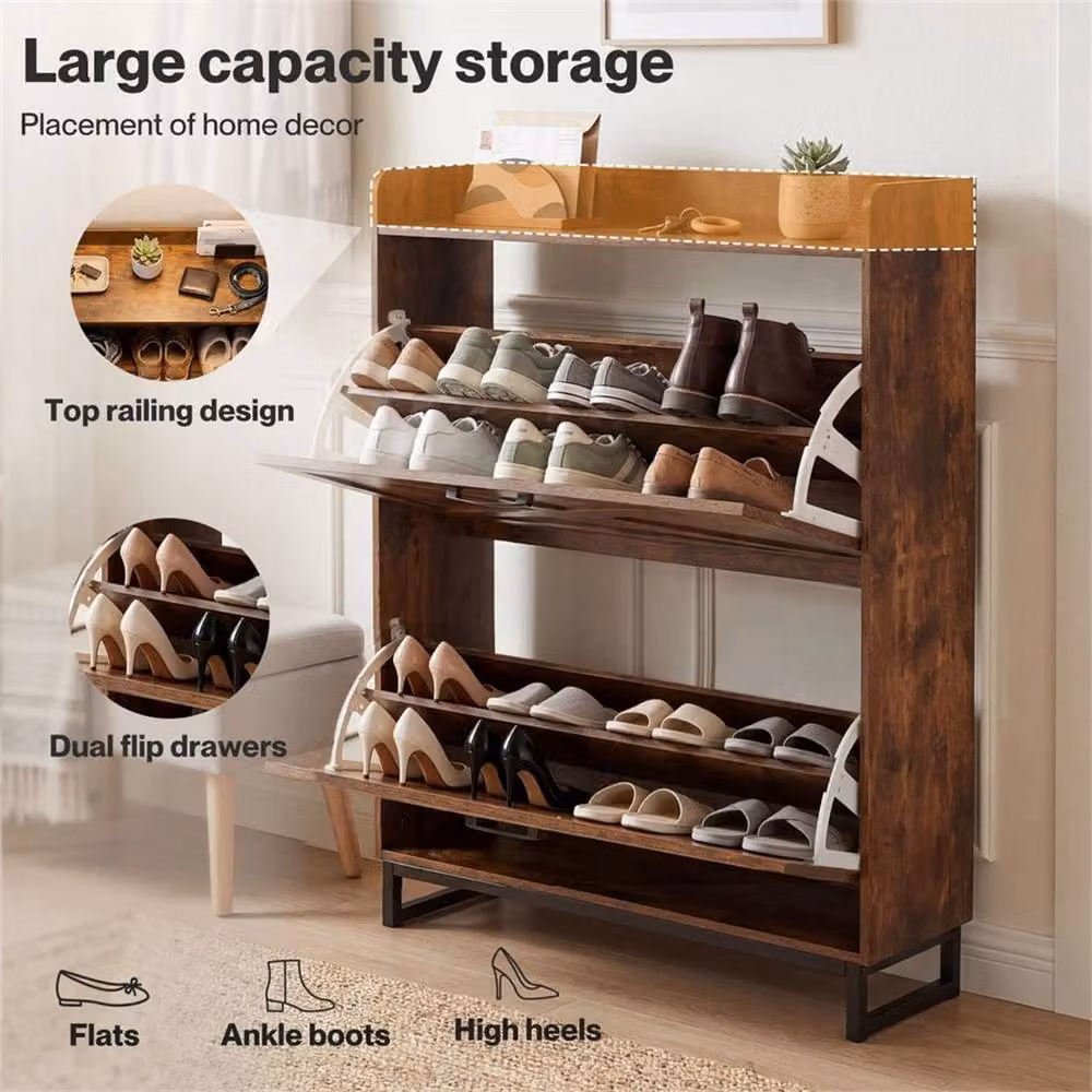 EONLION Brown Industrial Wood Shoe Cabinet with Tilting Compartments and Hinged Doors, Width: 100 cm – 3