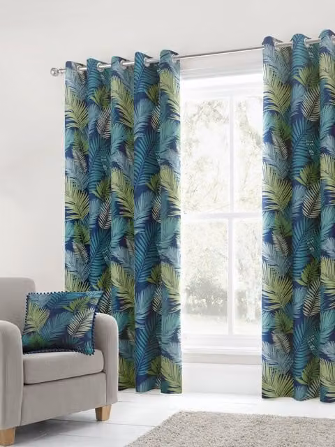 Fusion Tropical Exotic Palm Leaf Print 100% Cotton Eyelet Curtains, Multicolour, Width: 117 cm, Height: 137 cm