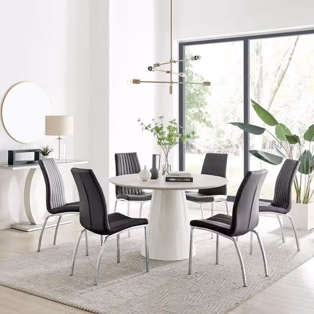 Furniturebox Palma Beige Stone Effect Round Dining Table with 6 Black Isco Chairs