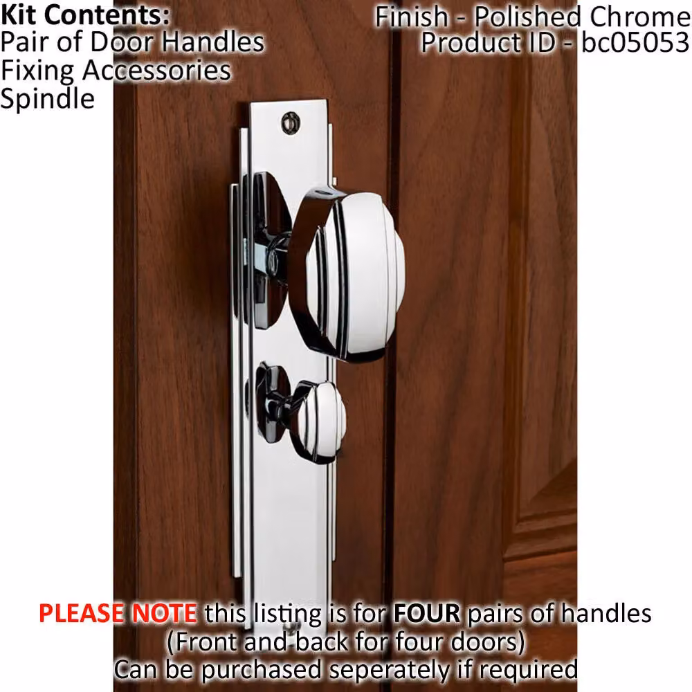 Loops 4 Pairs of Line Detailed Bathroom Door Knobs on Backplate, Polished Chrome, W: 20.5 cm – 2