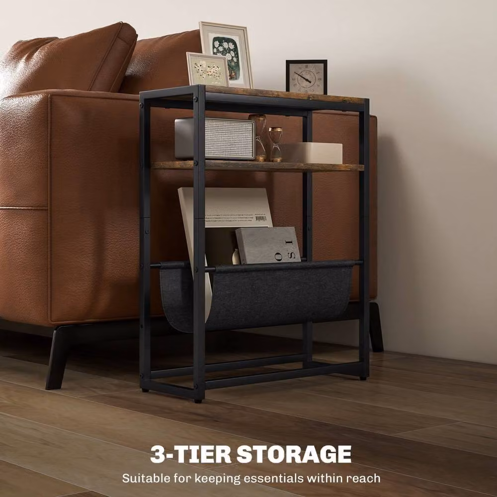 Wyld Haus Sanami Industrial 3 Tier Narrow Side Table with Magazine Slot in Brown and Black – 4
