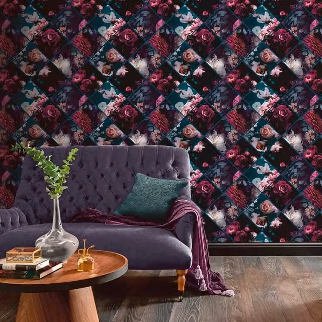 Arthouse Floral Collage Botanical Vintage Matt Wallpaper in Multicolour Purple and Petrol