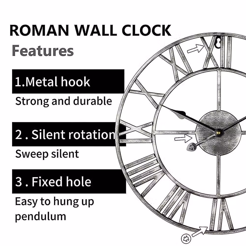 YnysTec Large Skeleton Metal Wall Clock with Roman Numerals in Silver, Diameter: 40 cm – 6
