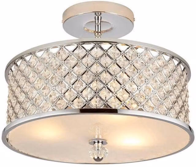 Netlighting Hudson 3 Light Semi Flush Ceiling Light in Chrome with Crystal Beads and Transparent Glass Diffuser (E27)