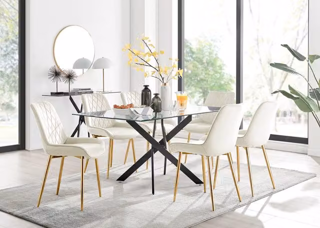 FurnitureboxUK Leonardo Glass Dining Table with 6 Pesaro Gold Leg Chairs in Cream