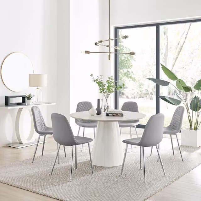 FurnitureboxUK Palma Beige Stone Effect Round Dining Table and 6 Corona Silver Chairs in Grey
