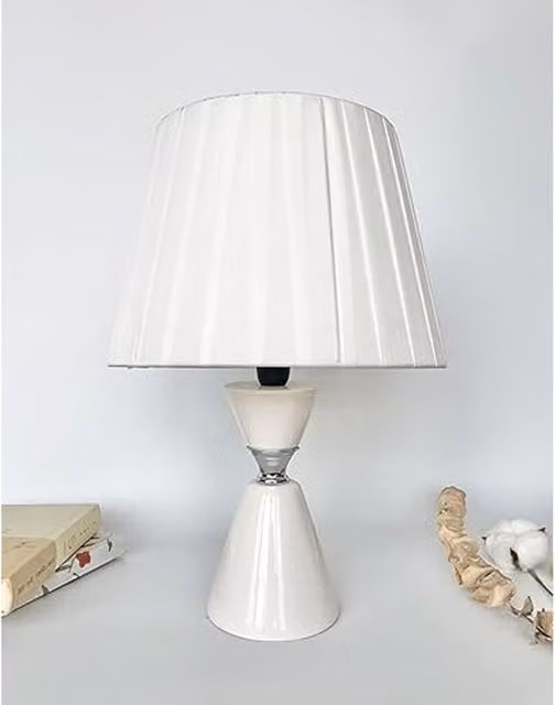 DEENZ White Modern Table Lamp with Ceramic and Metal Hourglass Base and Fabric Shade