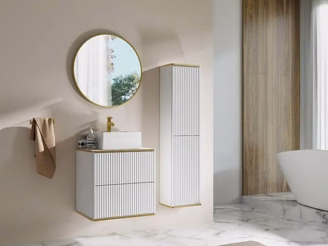 Vente-unique Ribbed Wall-Mounted Bathroom Cabinet with Gold Trim, White and Gold, H 140 x W 35 x D 25 cm – 1