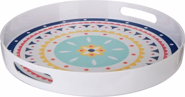 Orsina Floral Round Melamine Serving Tray with Handles, Multicolour and White