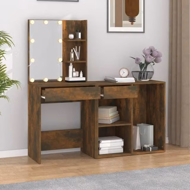 Berkfield Home LED Dressing Table with Cabinet in Smoked Oak Brown, W: 140 cm, D: 40 cm, H: 60 cm