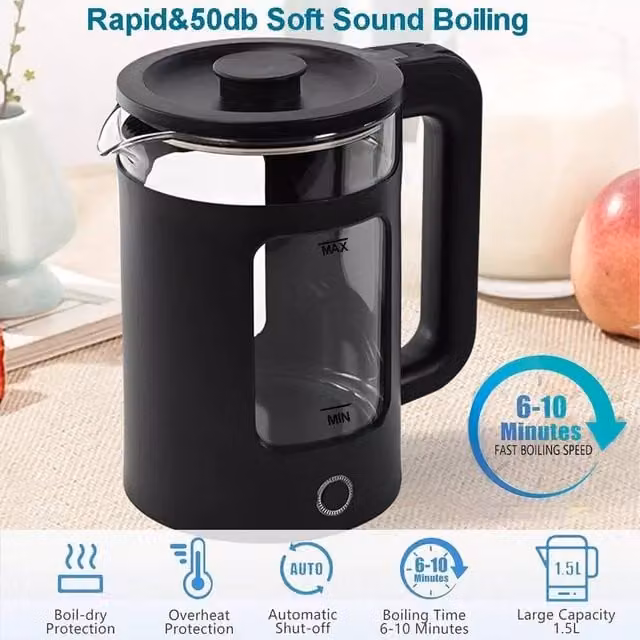 NESTLUNE 2L 1500W Glass Electric Fast Boil Kettle with 360 Degree Base in Black – 1
