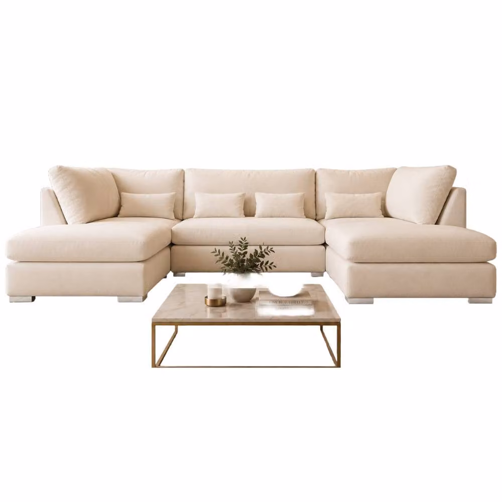 Home & Love London U Shape Cinema Fixedback Corner Sofa in Naple Cream Fabric – 2