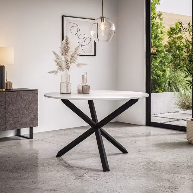 More4Homes Malvern Round White Marble Dining Table with Solid Oak Legs, Diameter: 120 cm, Height: 75 cm
