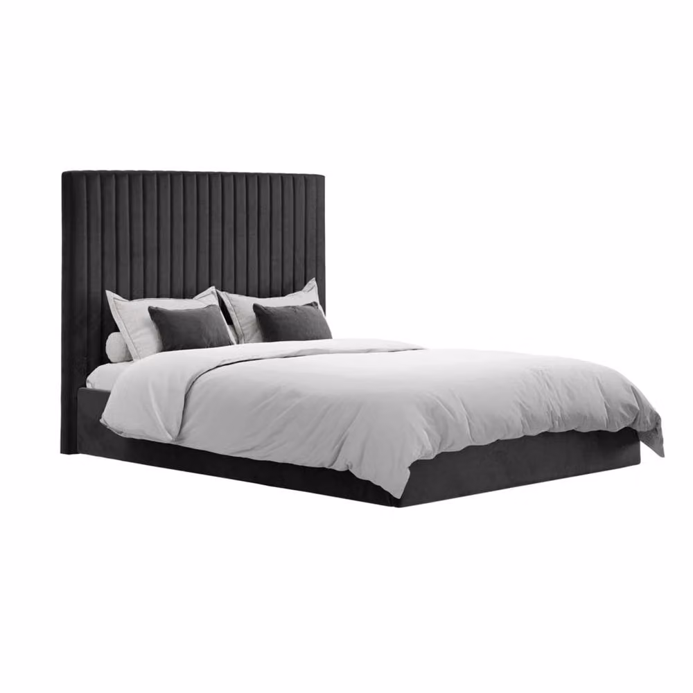 Wyld Haus Dublin King Ottoman Bed in Black Velvet with Tall Ribbed Headboard, W/D/H: 180 x 200 x 124 cm – 2