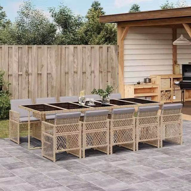 Berkfield 11 Piece Foldable Garden Dining Set in Beige PE Rattan