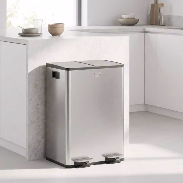 STILVORA Dual Kitchen Bin with Pedal Lid and Odour Filter, 56L, Silver Stainless Steel