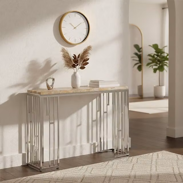 Orsina Relic Console Table with Onyx Stone Top in Brown and Silver