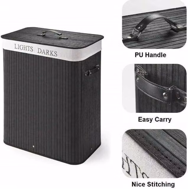 SPETLEK Black Large Bamboo Laundry Hamper Basket with Lid, W: 60 cm, H: 100 cm – 1