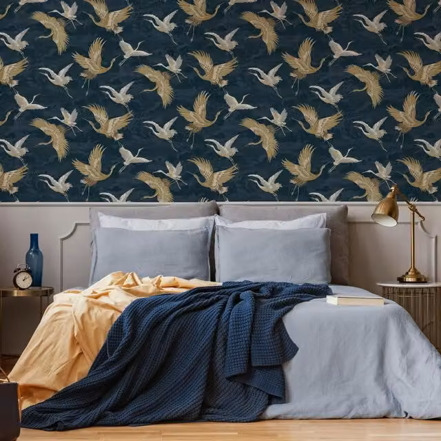 Graham & Brown Kranes Floral Petrol Blue and Gold Textured Vinyl Wallpaper, Width: 52 cm
