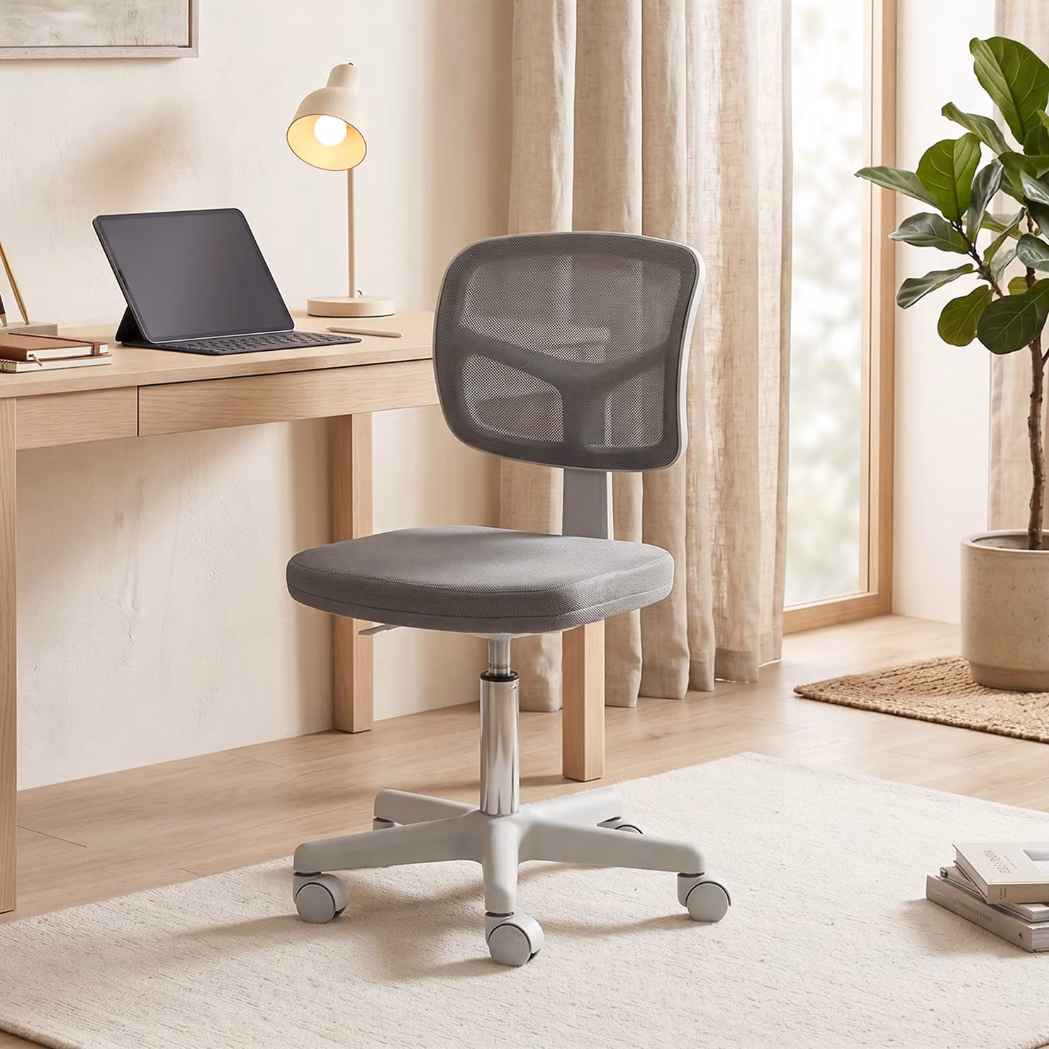 Vinsetto Ergonomic Small Office Chair with Curved Back, Grey Fabric Swivel Desk Chair without Arms – 4
