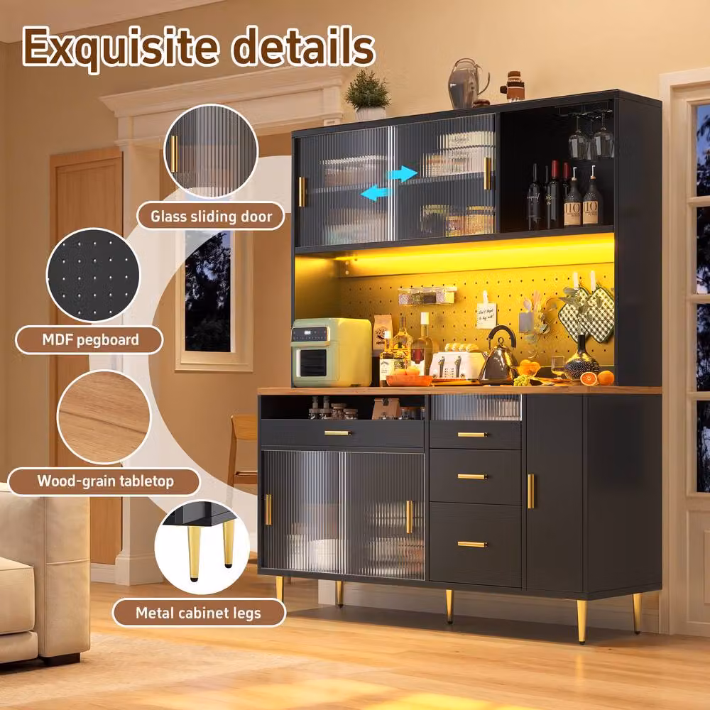 Merax Black Modern Highboard Cabinet with Glass Sliding Doors and Integrated Lighting, H: 171 cm, W: 145 cm, D: 39 cm – 4