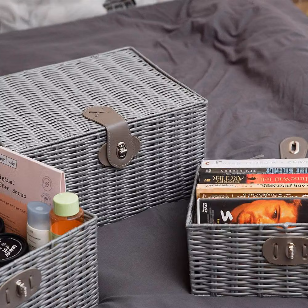 MANTRARAJ Set of 3 Resin Wicker Woven Storage Baskets with Lids and Handles, Black and Grey – 4
