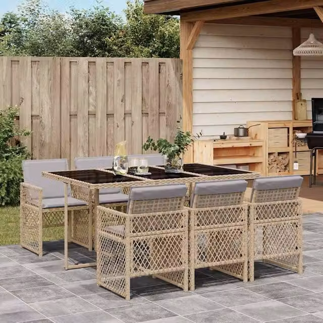 Berkfield Home Extendable Polyrattan Garden Dining Set with Glass Top in Beige and Grey