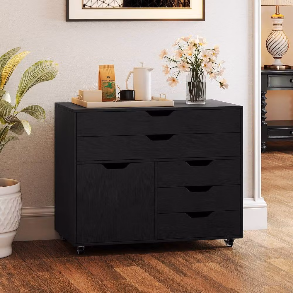 Gymax Mobile Chest of Drawers and Lateral File Cabinet with Printer Stand and Doors in Black – 6