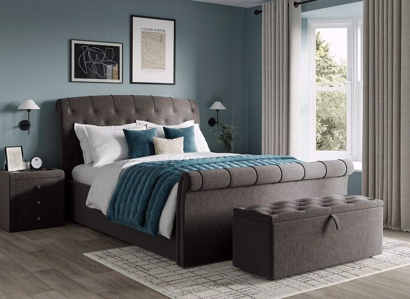 Dreams Paris Grey Velvet Upholstered Ottoman Bed Frame