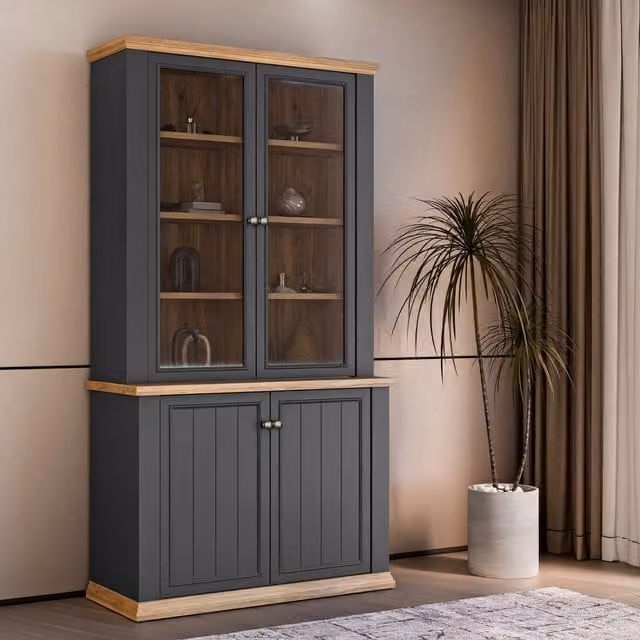 Furniture To Go Pontypool 4 Door Display Cabinet in Grey and Mauvella Oak with Glass Doors and Internal Shelves
