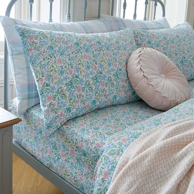 Laura Ashley Sherston Floral Cotton Fitted Sheet Powder Blue