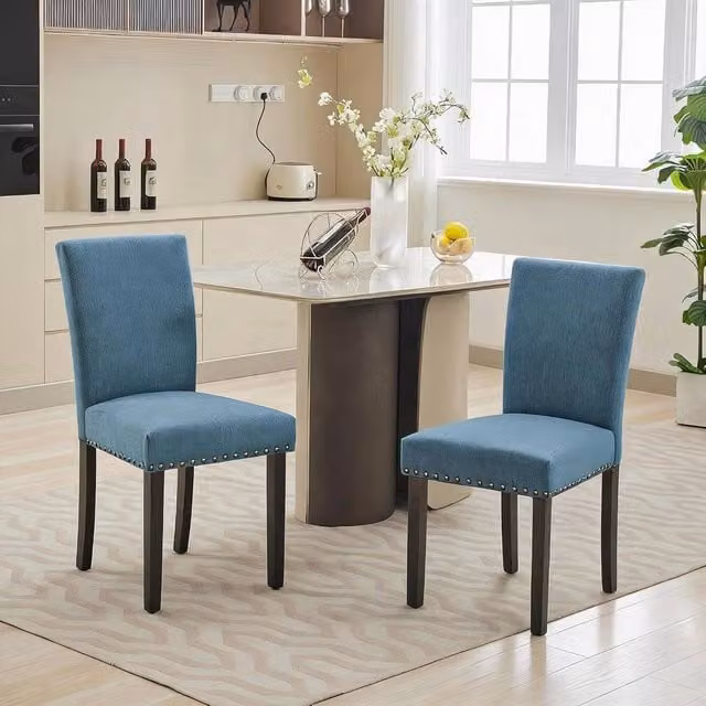 London Boutique Set of 2 Blue Upholstered Armless Dining and Kitchen Chairs with Rubberwood Frames