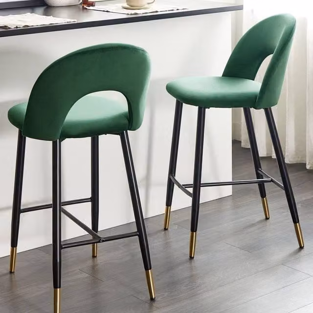Wyld and Coco Set of 2 Emerald Green Velvet Bar Chairs with Black Steel Legs and Gold Ends – 1