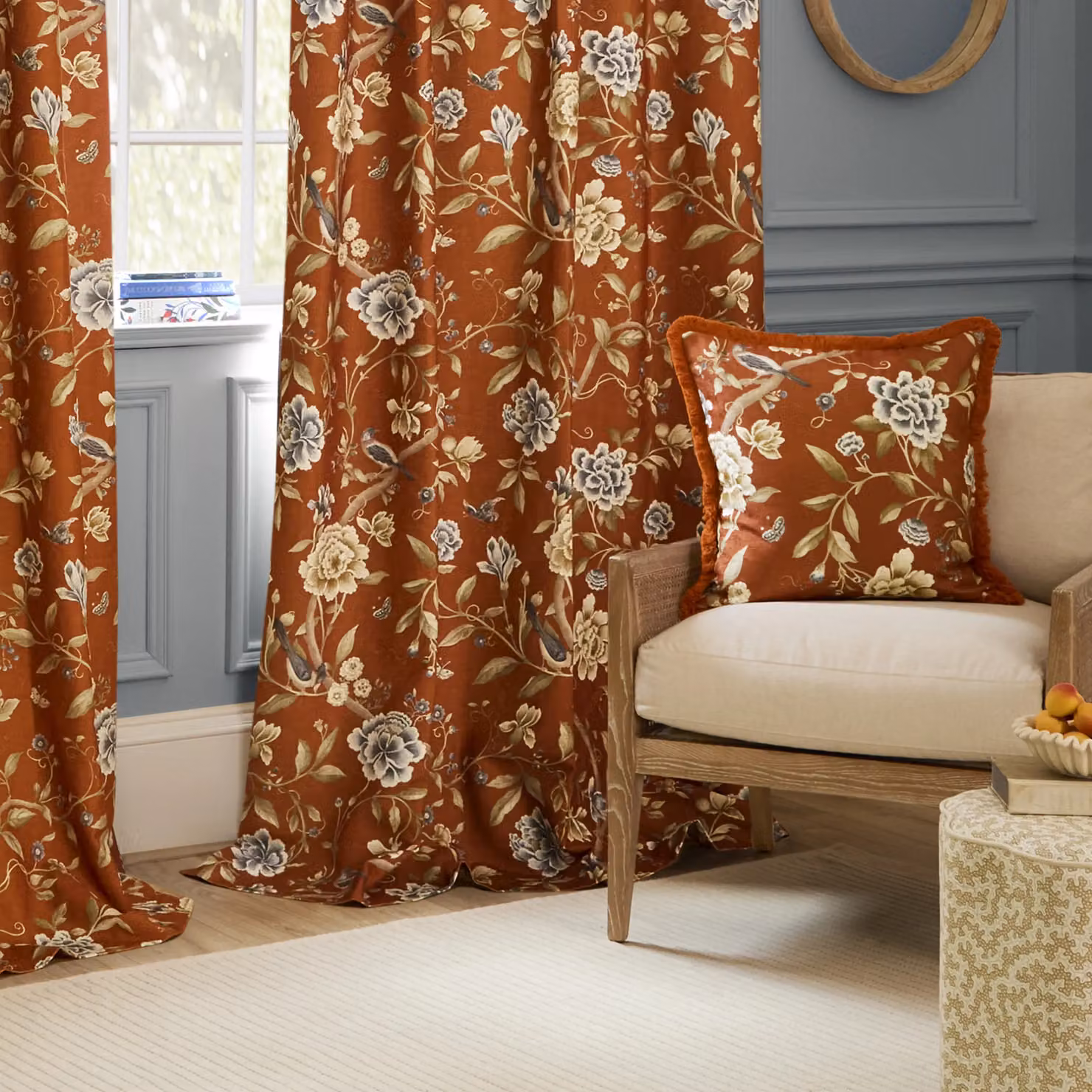 Sanderson Porcelain Garden Floral Printed Chenille Pencil Pleat Curtains in Orange, Width: 229 cm, Drop: 137 cm – 4