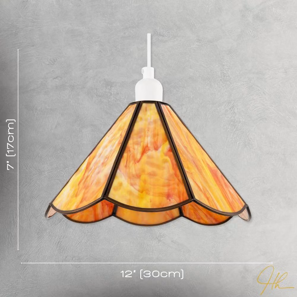 Happy Homewares Tiffany Glass Panelled Easy-Fit Pendant Shade in Orange with Antique Brass Trim, Diameter: 30.48 cm – 4