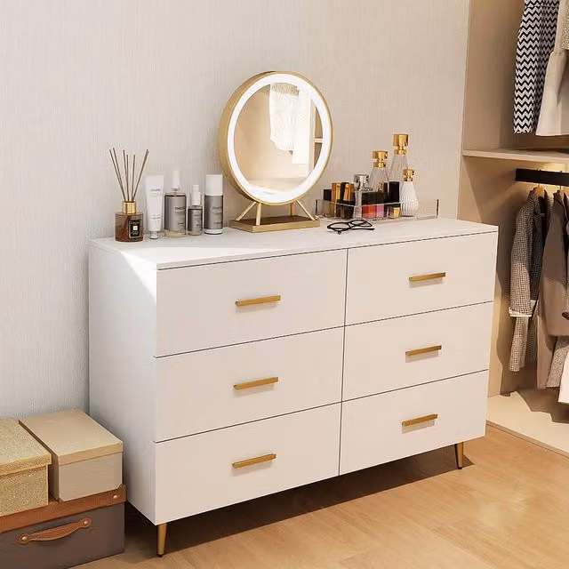 Costway Modern 6 Drawer Wooden Wide Chest of Drawers in White and Gold