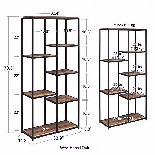 DHP Quincy 5 Shelf Bookcase in Weathered Oak Look, Brown, H 180.0 x W 86.2 x D 36.2 cm – 2
