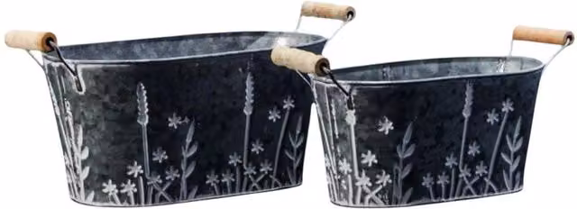 Four Candle Set of 2 Embossed Floral Oval Grey Galvanised Steel Planters – 1